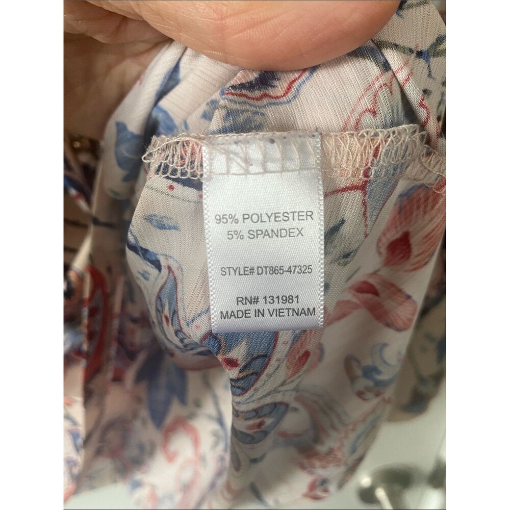 NAIF Tunic Light Pink Blue Red Coral Floral & Paisley Tie-Neck Split Sleeve Sz L - Picture 8 of 11
